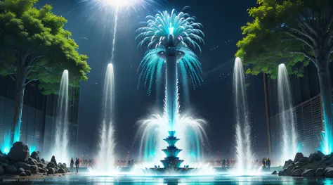 Futuristic, original and colorful water fountains.  sparkling water jets, splashing droplets, refreshing mist, vibrant atmosphere, summer vibrations, lively movement, crystal clear water, rhythmic choreography, mesmerizing patterns, vibrant underwater ligh...