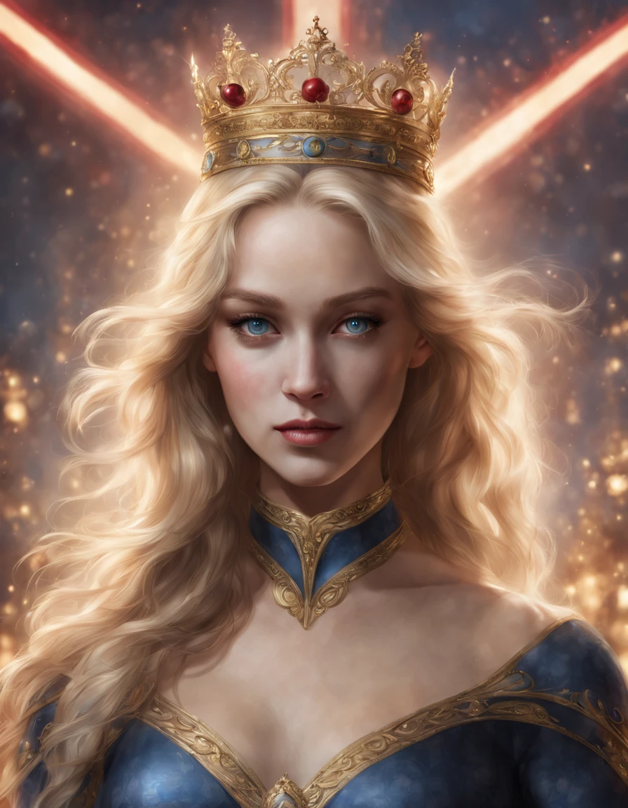 a magnificent woman, blonde, blue eyes, thin, ultra-realistic face, she is located in the center of the photo, a luminous halo around her, underneath is written "CHERRY her Majesty"