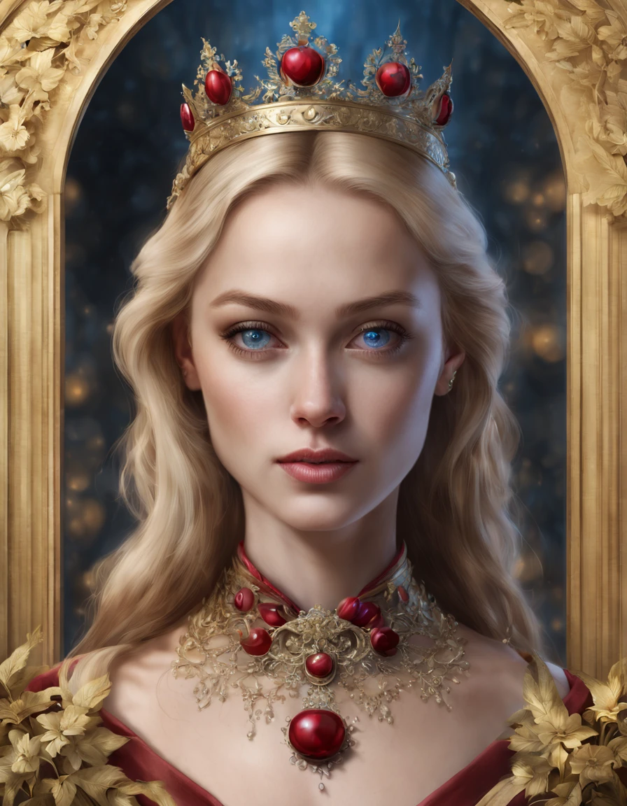 a magnificent woman, blonde, blue eyes, thin, ultra-realistic face, she is located in the center of the photo, a luminous halo around her, underneath is written "CHERRY her Majesty"