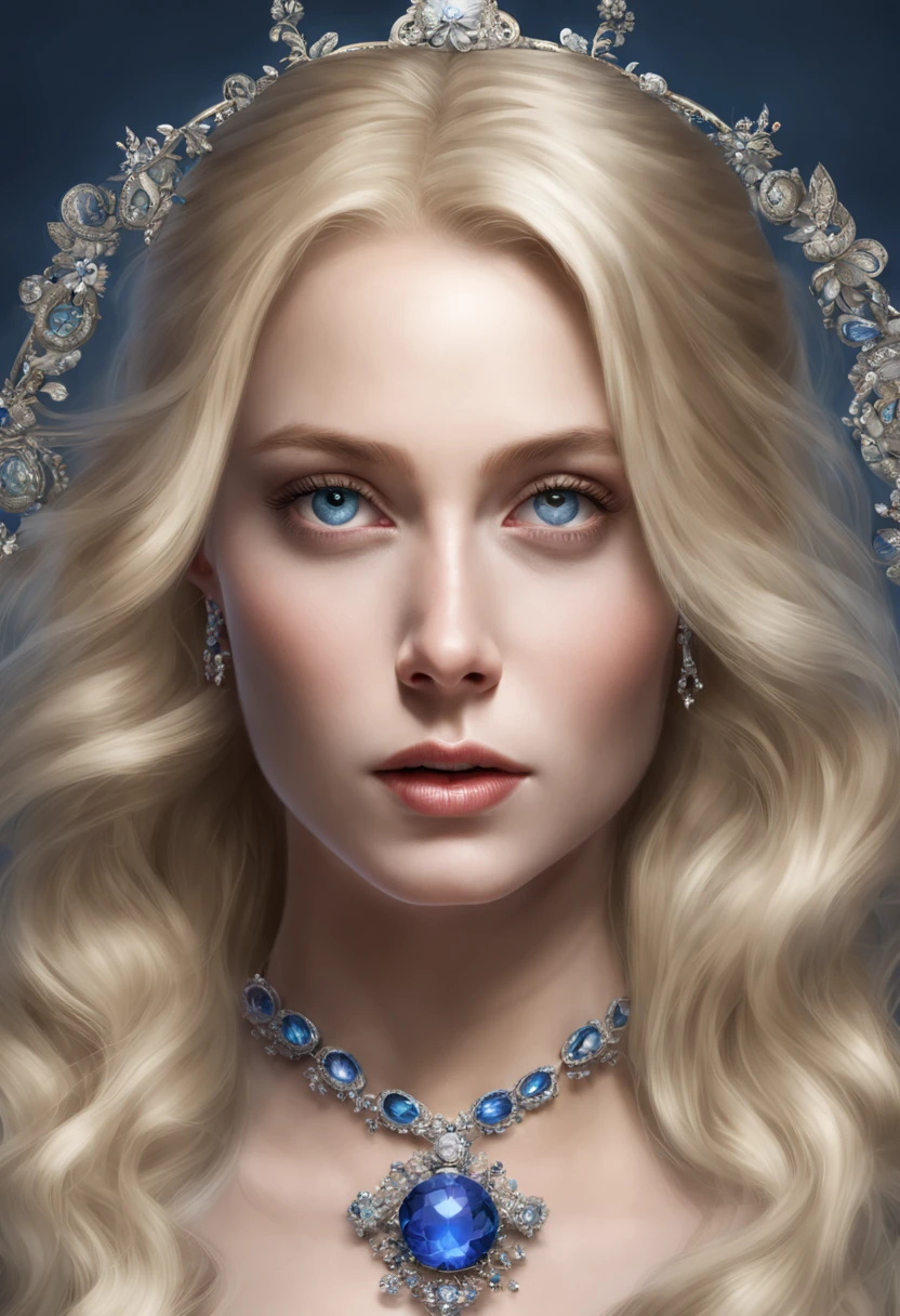 a magnificent woman, blonde, blue eyes, thin, ultra-realistic face, she is located in the center of the photo, a luminous halo around her, underneath is written "CHERRY her Majesty"