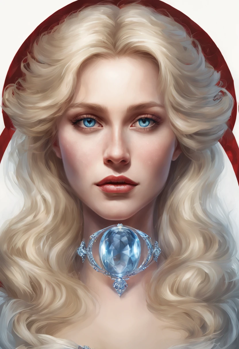 a magnificent woman, blonde, blue eyes, thin, ultra-realistic face, she is located in the center of the photo, a luminous halo around her, underneath is written "CHERRY her Majesty"