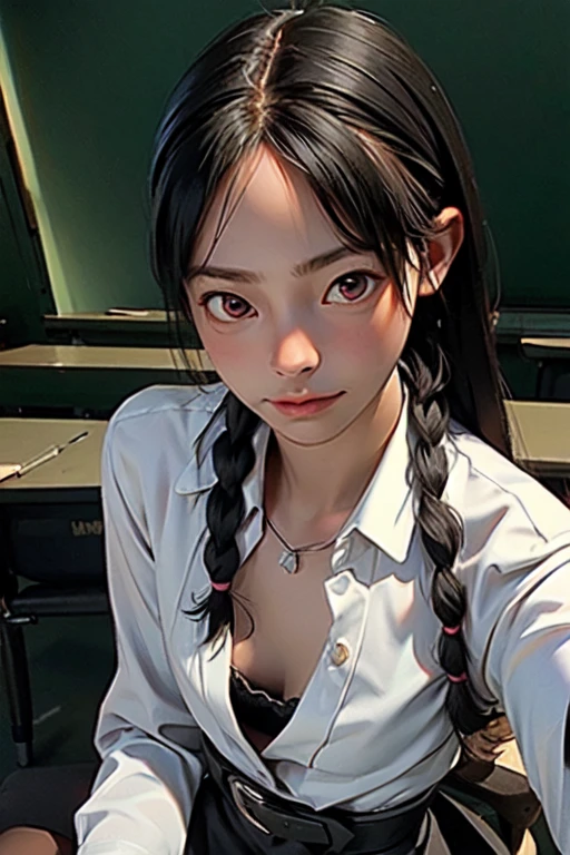 (masterpiece, best quality: 1.2), yoru(chainsaw girl),(very detailed face, real image, realistic skin, realistic body, intricate details), red eyes (intimidating look), light blush, social clothing, semi-open button-up shirt (White), white bra, Skirt (black), black belt with buckle, big hair (stuck with braids), small breasts, close-up, large thighs, classroom, blackboard.