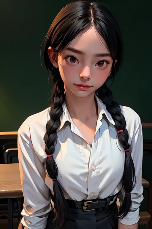 (masterpiece, best quality: 1.2), yoru(chainsaw girl),(very detailed face, real image, realistic skin, realistic body, intricate details), red eyes (intimidating look), light blush, social clothing, semi-open button-up shirt (White), white bra, Skirt (black), black belt with buckle, big hair (stuck with braids), small breasts, close-up, large thighs, classroom, blackboard.