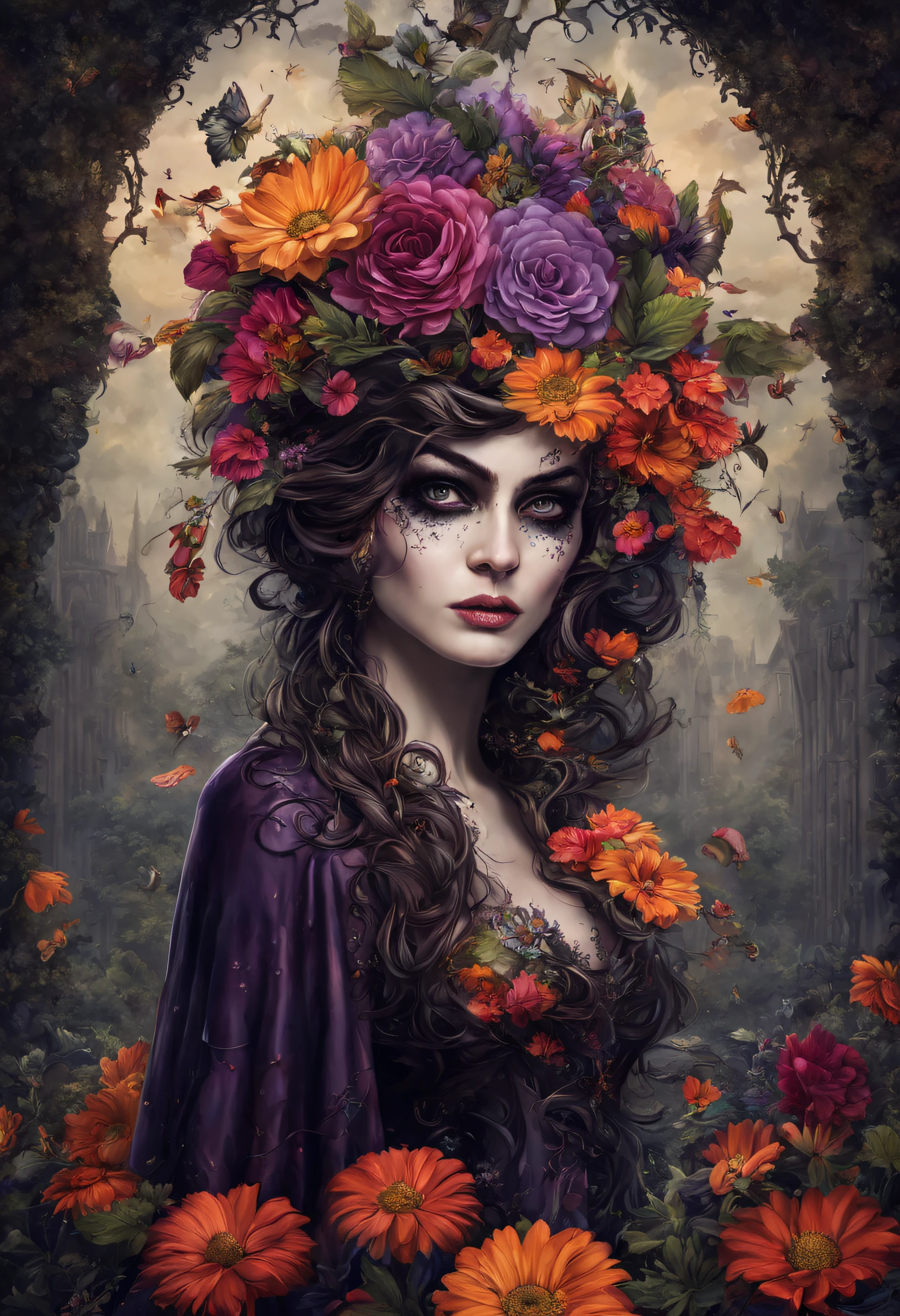 Uma caveira no mundo da fantasia, vibrant flowers and colors in a gothic atmosphere, 32k,imagem artista profissional