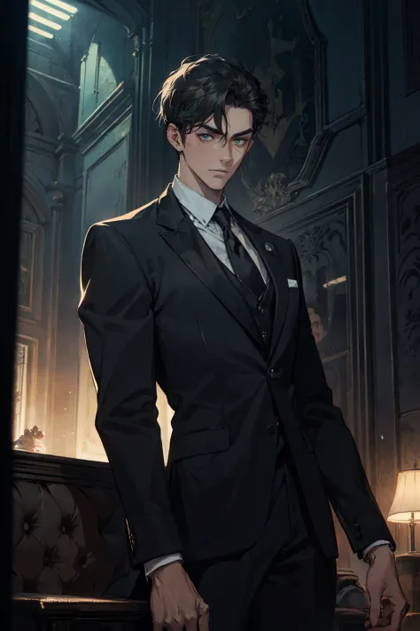 ((One young man with a black suit and tie)), gotham, alejandro, (((side swept dark short hair))), (dark green eyes and thick eye...