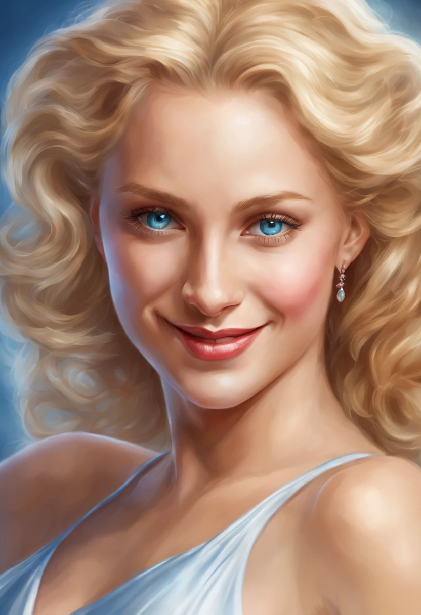 a magnificent woman, blonde, blue eyes, slim, ultra-realistic face, she wears a magnificent smile, she is located in the center of the photo, a luminous halo around her, underneath is written "CHERRY her Majesty"