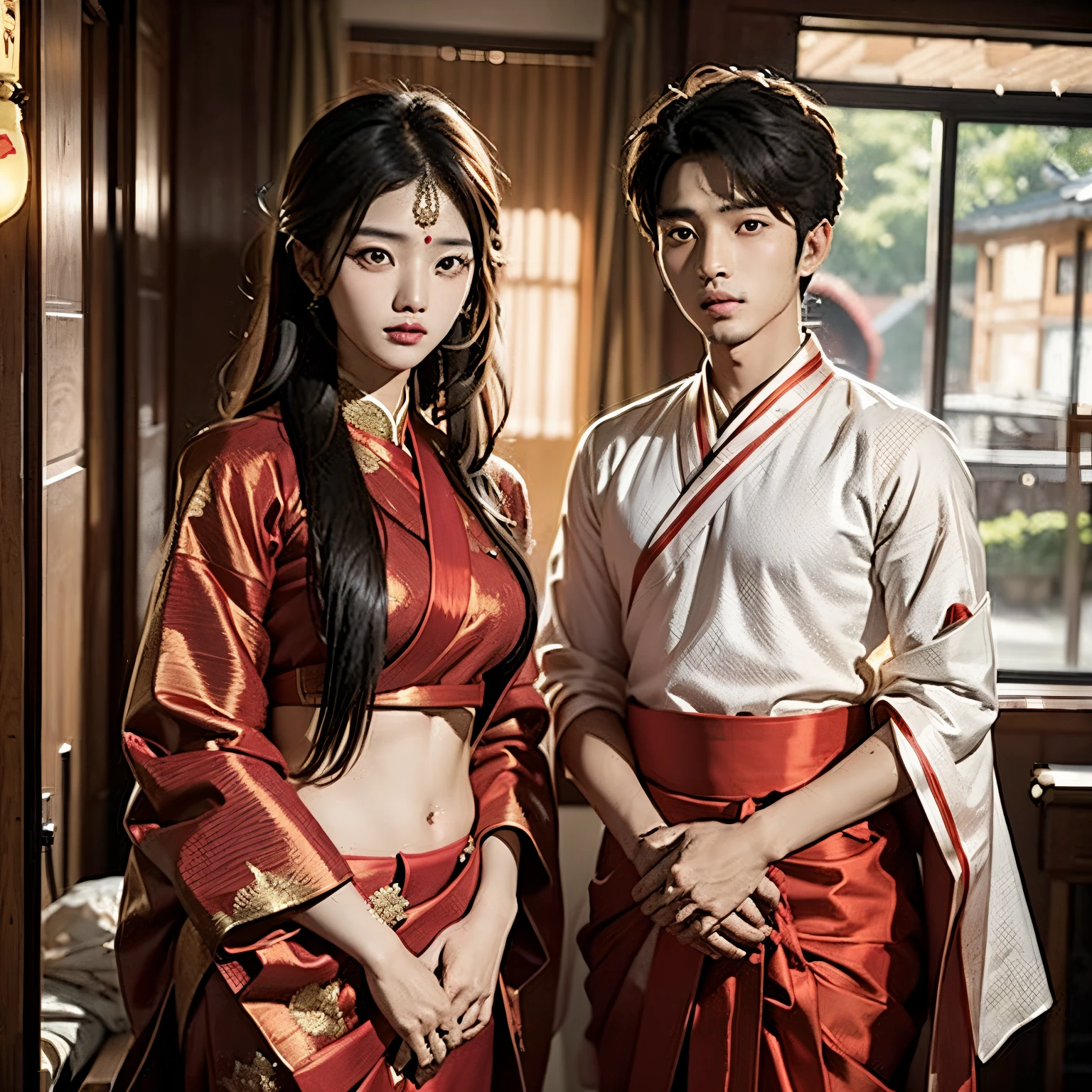 Handsome Korean boy in indian TRADITIONAL black kurta , and Korean girl in TRADITIONAL red saree