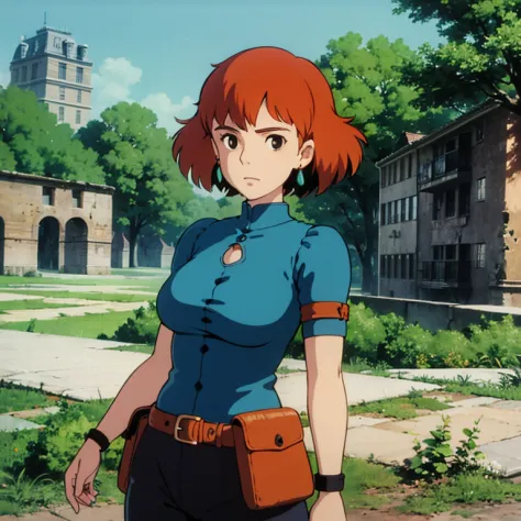 ghibli style, Nausicaa \(Nausicaa\), 1girl, 30 y.o., armlet, bangs, orange hair, Nausicaa outfit, breasts, earrings, floating ha...