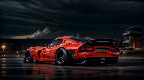 ((Dodge Viper GTS-R)), ((JonSibal design works Body Kit)), ((rear wing spoiler)), blacked out, ((bubblegum blue)), front bumper splitters, side skirts, flared wheel arches, (performance side exhaust) ((ominous looking)), (yellow racing alloy rims), ((lower...