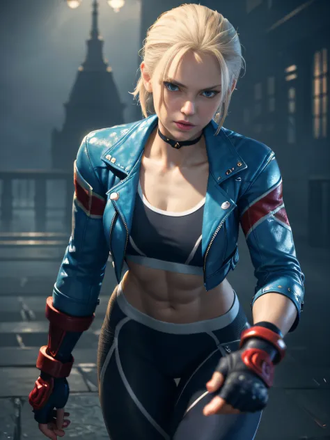 cammy white,1 girl,(exquisitely detailed CG unity 8k wallpaper, masterpiece-quality with stunning realism), (best illumination, best shadow), (best quality), heroic pose, navy blue sports bra,erected nipples, light blue open jacket, navy blue yoga pants, r...