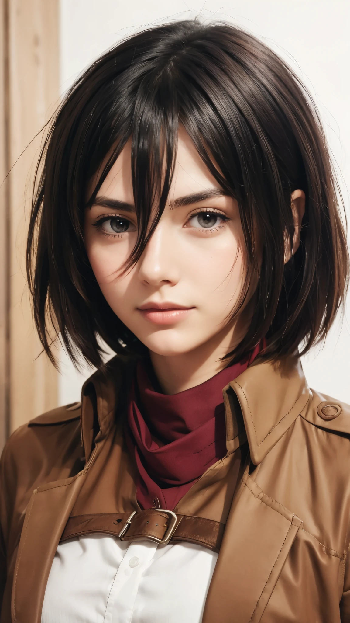 beatiful girl,short hair,maroon scarf around the neck