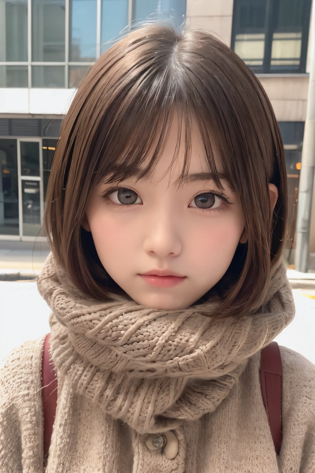 masterpiece, Best Quality, One girl, (a beauty girl, Delicate girl:1.3), (13 years old:1.3), Very fine eye definition, (Symmetrical eyes:1.3), (street view:1.2), (winter clothes:1.2), Small breasts, Brown eyes, Parted bangs, Brown hair, petite girl, (Eyes and faces with detailed:1.0), (close up to face, zoom in face, face focus:1.0)