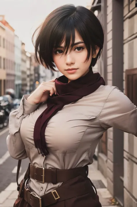 beatiful girl,short hair,maroon scarf around the neck