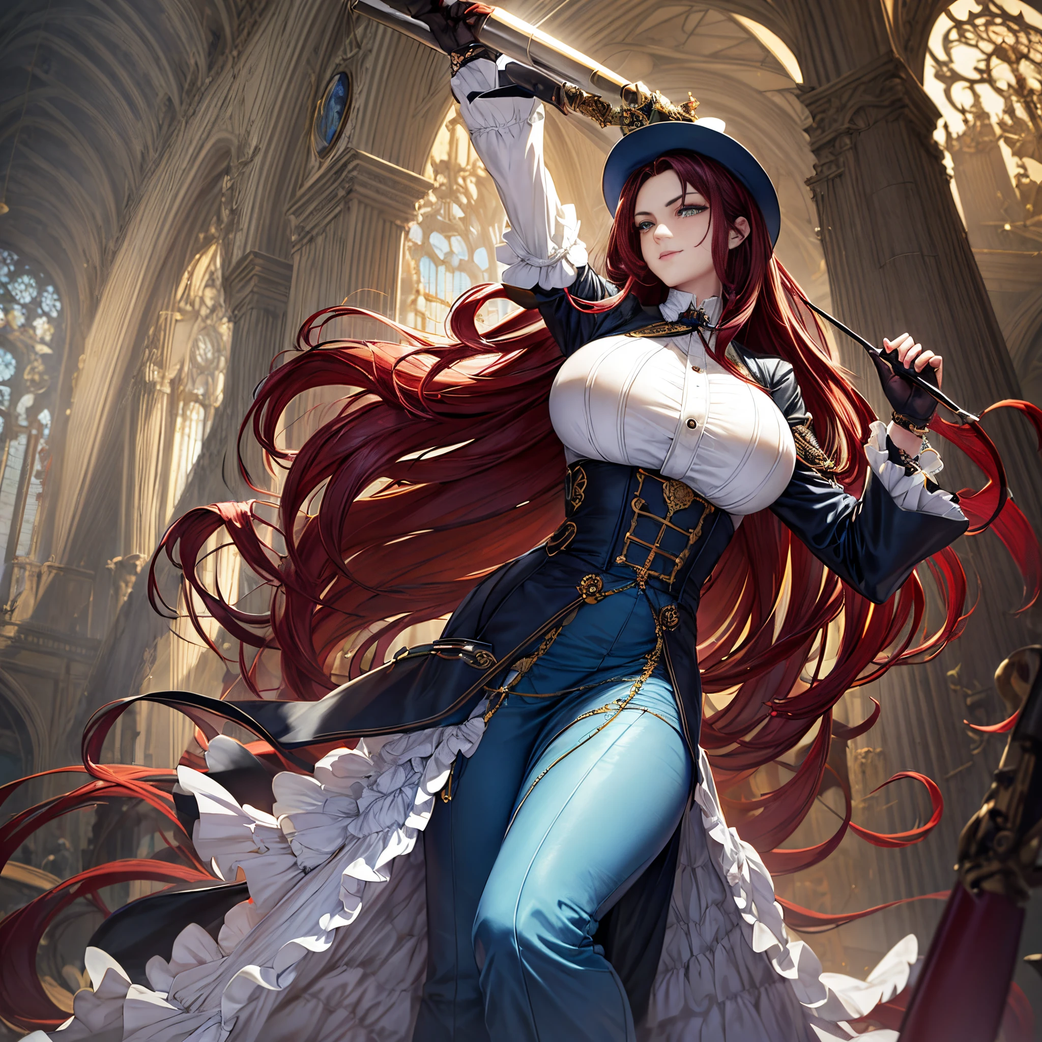 Masterpiece, 1 girl, young woman, solo, dark red hair, long hair, blue victorian hat, wavy hair, yellow eyes, rotund head, wearing monocle, large breasts, victorian era outfit, white buttoned shirt, long legs, long elegant brown trousers, intricate black belt, tight outfit, mechanical tail, light grin, glorious girl, gadgets, proud aura, cool pose, low angle