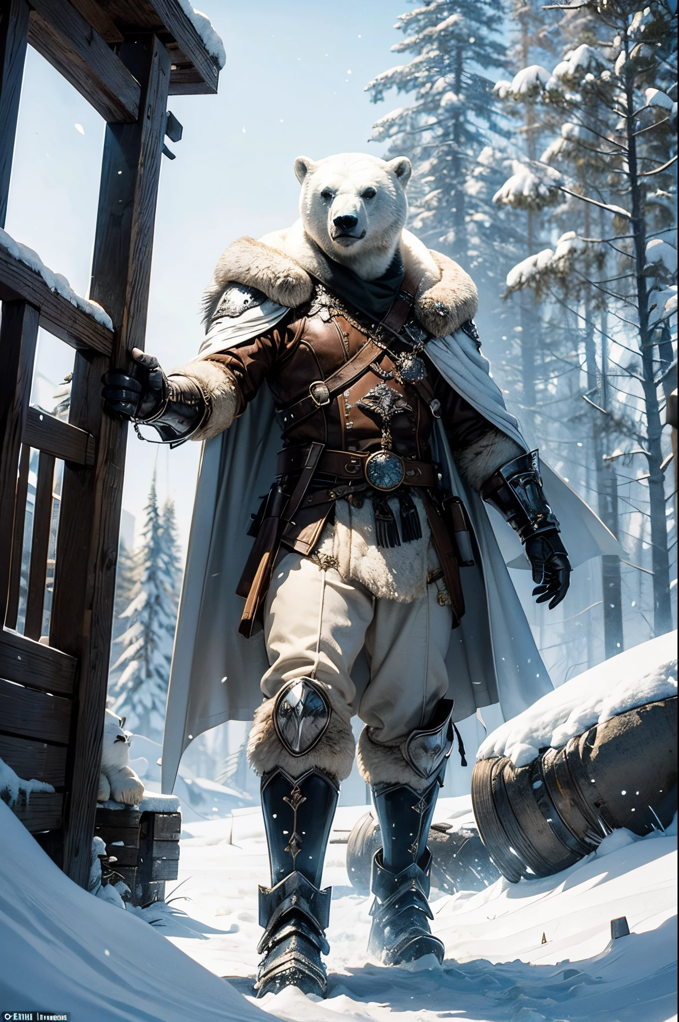 Describe a picturesque scene where a (male polar bear), dressed in robust steampunk armor with a (white cape), majestically walks through of a snowy with a steampunk vibe. Detail the unique appearance of the armor, while the bear, with a (cool pose:1.0), looks at the camera. Explore the fusion between the wild nature of the humanoid bear and the technological aesthetics of steampunk, detailed fur and realistic, intense sunlight