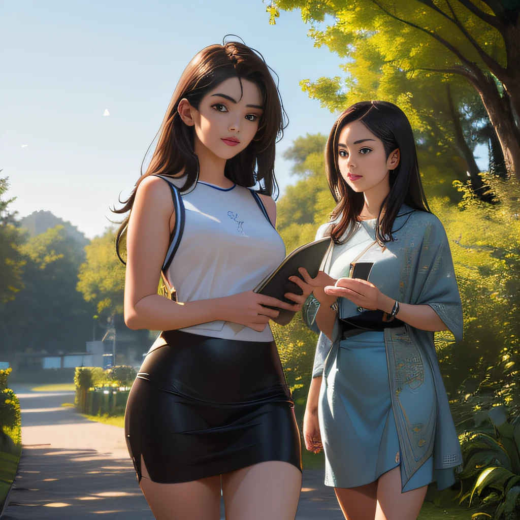 Two asian women in short skirts are standing on a path - SeaArt AI