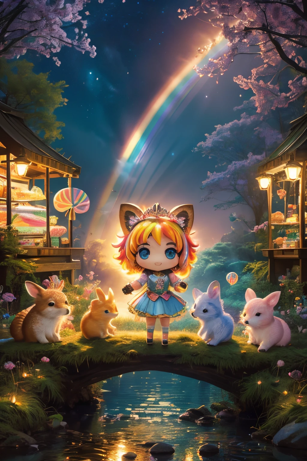 Meilleure qualité,4k,8k,haute résolution,chef-d&#39;œuvre:1.2),ultra-détaillé,(Réaliste,Mignon (chibi) princesse dans un magasin de bonbons arc-en-ciel, highly detailed high contrast hd chef-d&#39;œuvre of Meilleure qualité in high resolutionphotoRéaliste,photo-Réaliste:1.37),forêt enchantée, illuminé par le doux clair de lune,renards espiègles,faons gracieux,adorables petits,chouettes sages,Mignon bunnies,les hérissons épineux se rassemblent sous la beauté céleste,portraits,paysage,la photographie,Couleurs vives,tons chauds,éclairage doux,ambiance paisible