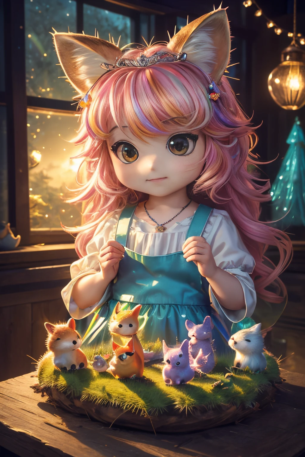 best quality,4k,8k,highres,masterpiece:1.2),ultra-detailed,(realistic,cute (chibi) princess in rainbow candy shop, highly detailed high contrast hd masterpiece of best quality in high resolutionphotorealistic,photo-realistic:1.37),Enchanted forest, illuminated by the soft moonlight,playful foxes,graceful fawns,adorable cubs,wise owls,cute bunnies,prickly hedgehogs gather under the celestial beauty,portraits,landscape,photography,vivid colors,warm tones,soft lighting,peaceful ambiance