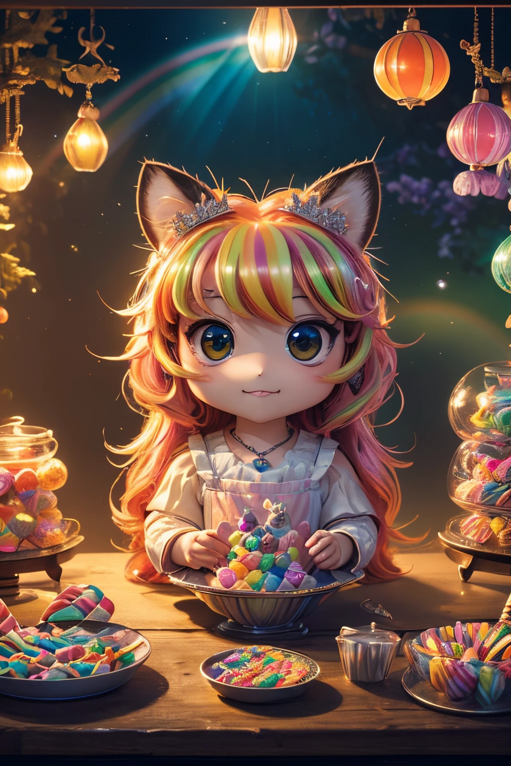 melhor qualidade,4K,8K,alta resolução,obra de arte:1.2),Ultra-detalhado,(realista,bonitinho (chibi) princesa na loja de doces arco-íris, highly detailed high contrast hd obra de arte of melhor qualidade in high resolutionphotorealista,photo-realista:1.37),floresta encantada, iluminado pelo suave luar,raposas brincalhonas,filhotes graciosos,filhotes adoráveis,corujas sábias,bonitinho bunnies,ouriços espinhosos se reúnem sob a beleza celestial,retratos,paisagem,fotografia,cores vivas,tons quentes,iluminação suave,ambiente tranquilo