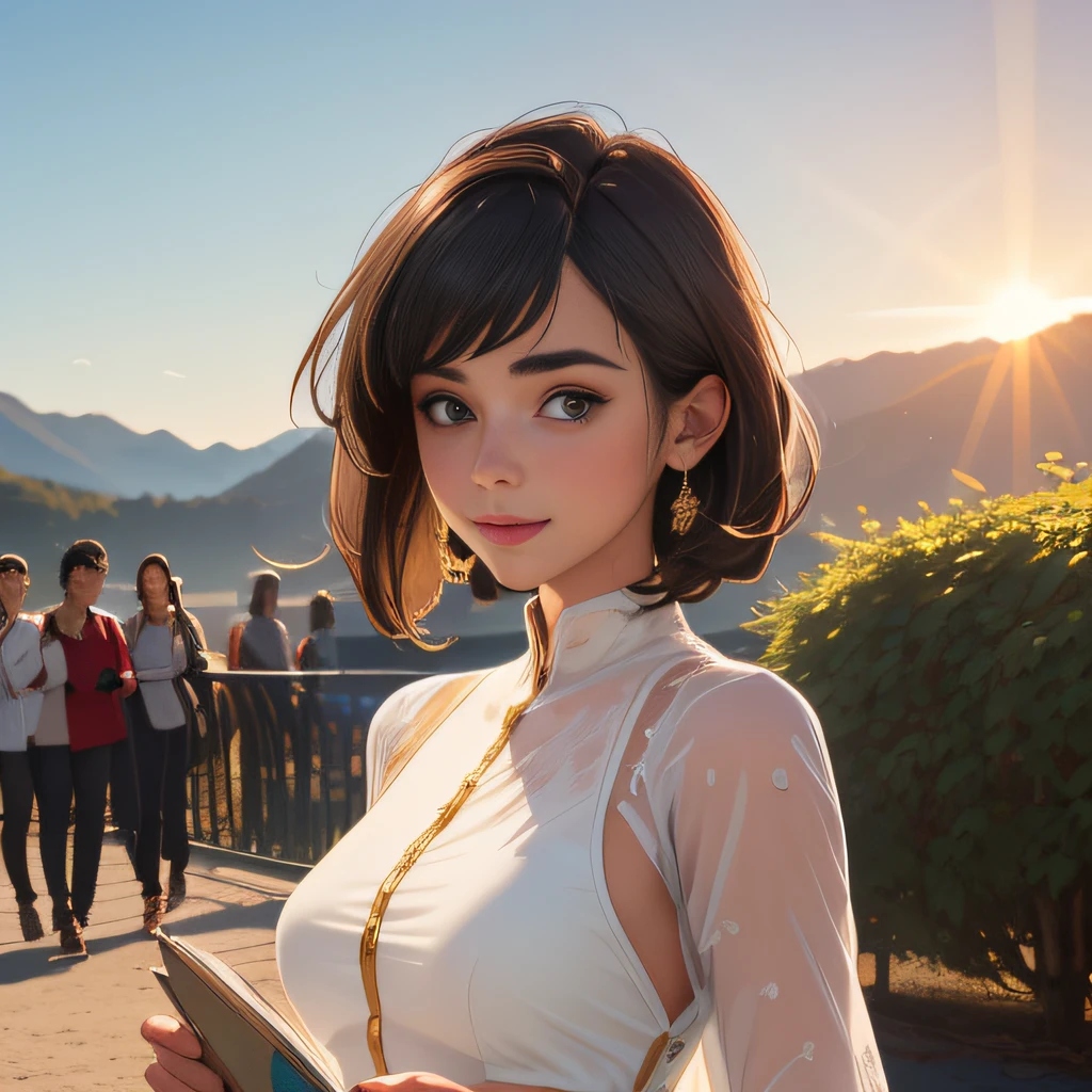 (Extremely detailed 8k wallpaper:2), (photo:2), (22 years old soigne Beautiful girl:2), (gives a lecture to friends:2), detailed (Face and eyes), (hyper realistic:1), (highly detailed:1), (epic realistic:1), rim light, (maximum details:1), cozy, (fullbody:1.3), (looking at viewer:2), (Woman's Attractive Qualities:2), (Attractive Woman:2), (Attractive:2), Smile, Intelligence, Empathy, Gracefulness, Sense of Style, Fitness, Grooming, Optimism, (Sensitivity:2), Sincerity, Romantic Gestures, Playfulness, Fashion Sense, (Sensuality:2), Charm, Modesty, Thoughtfulness, (Femininity:1), Flirtatiousness, Warmth, (Physical attractiveness:2), A beautiful smile, A love of life, strength and power, vulnerability, curiosity, wonder, love, (nature background:2), kawaii, waifu, Beautiful breasts, (attractive body:2), (Beautiful body:2), Beautiful pose, attractive pose, (Beautiful legs:1.0), (Beautiful clothes:1), (classic clothes:2), (elegant clothes:2), (European clothes:2), detailed clothes, (skirt:1), (blouse:1), (provocative pose)