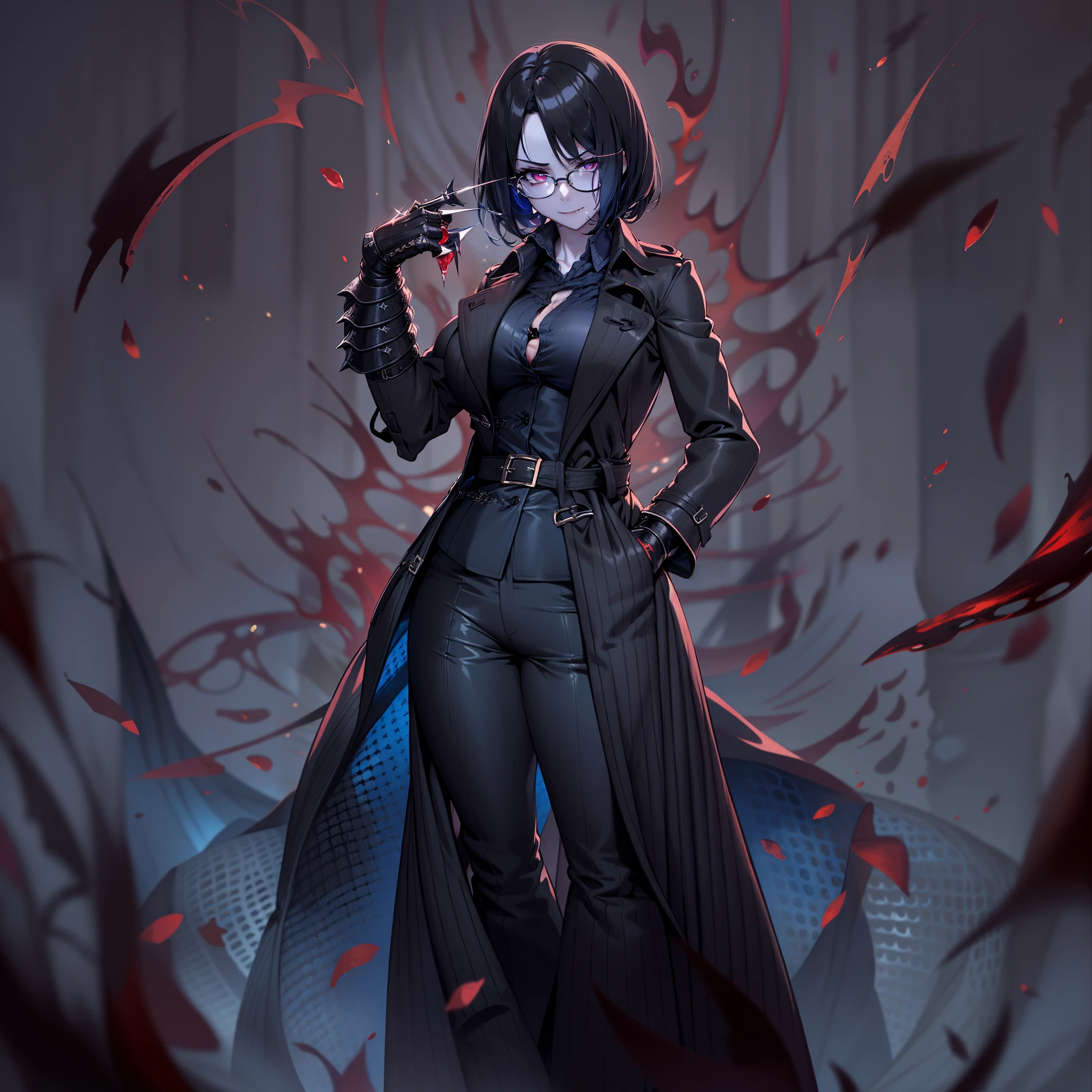 (High resolution, best quality, masterpiece) detail, intricate detail, 1female, ((solo _focused)), single, one woman, physically fit, curvy, pale skin, vampire, fierce expression, dark eyes, (detailed eyes), red_rimmed eyes, sharpened fangs, black hair, short hair, full body, human hands, ((detailed hands)), ((pointed fingers)), medium breast, beautiful, cute, dark aura surrounding her, (topwear:(((shirt:black, trench_coat:black)), handwear:((gauntlets), bottomwear:(pants:blue))))), blood dripping, glasses on the top of her head, dark tinted glasses, grinning, cocky expression, menacing, blood spatter