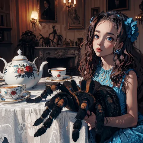 A girl and a big tarantula. A black and blue glossy tarantula. The girl's eyes are red. Tea party. Inside the mansion.