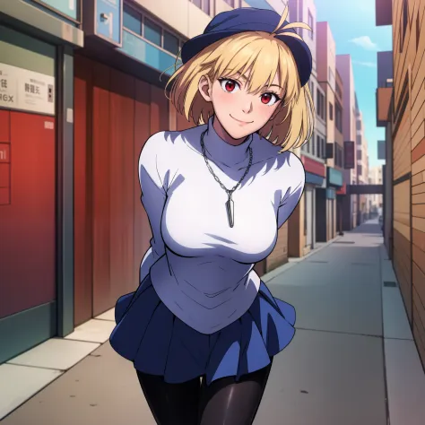 arcueid \(tsukihime\), 1girl, alley, arms behind back, black pantyhose, blue pleated skirt, blush, breasts, building, cowboy sho...