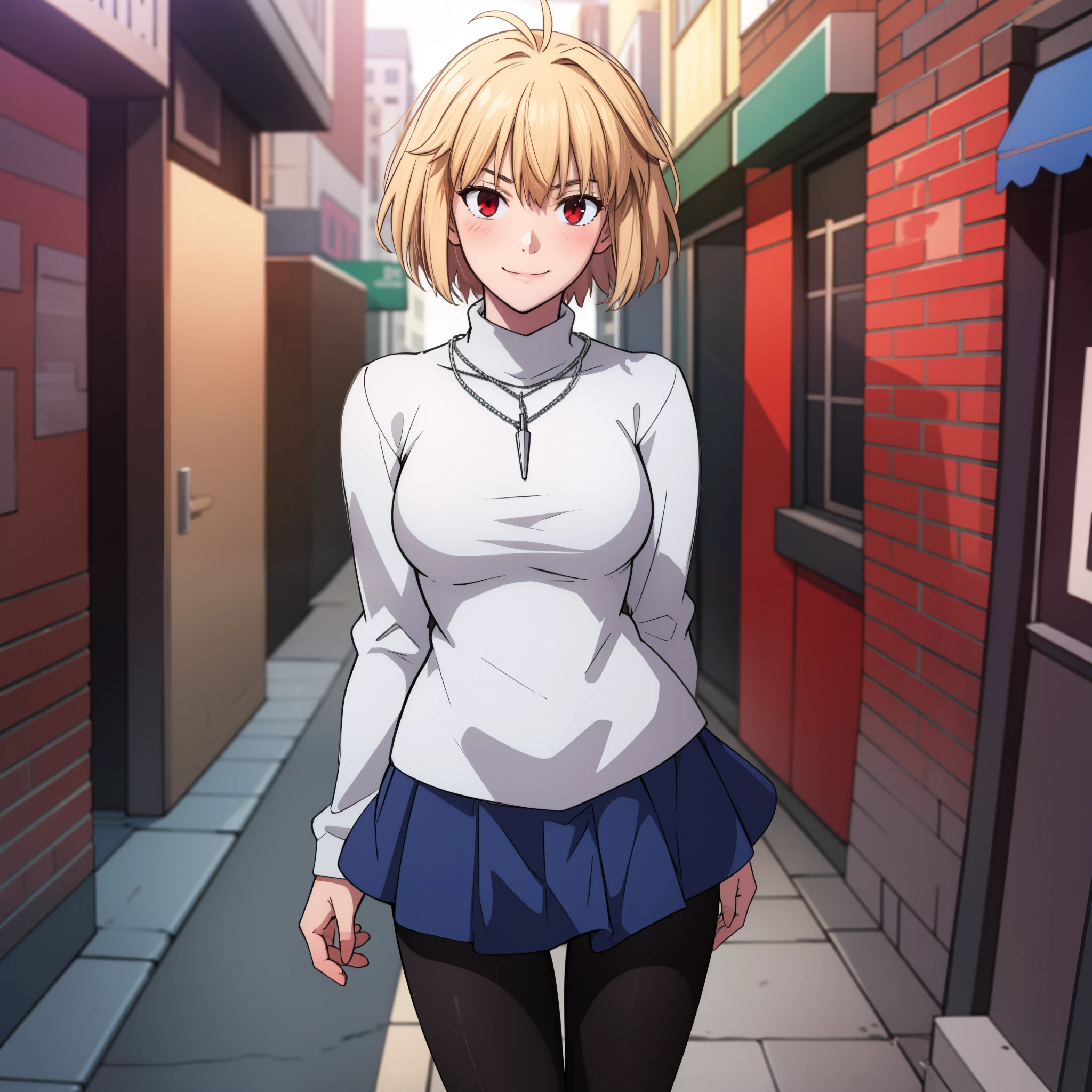 arcueid \(tsukihime\), 1girl, alley, arms behind back, black pantyhose, blue pleated skirt, blush, breasts, building, cowboy shot, day, chain necklace \(arcueid\) on chest, large breasts, looking at viewer, outdoors, smile, solo, standing, white long sleeves turtleneck white sweater, taut clothes, thigh gap, closed mouth, leaning forward, BREAK, 2hands, accurate fingers, loish hands, extreme hand detail, normal hands, with fingers, accurate hands, 2thumb