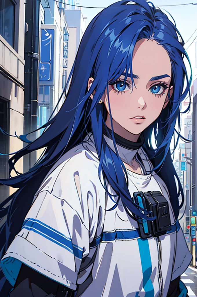 imagem superior 4k uma garotinha de cabelo azul de moletom com saia olhando as luzes de uma cidade brilhante cyberpunk ultra realista