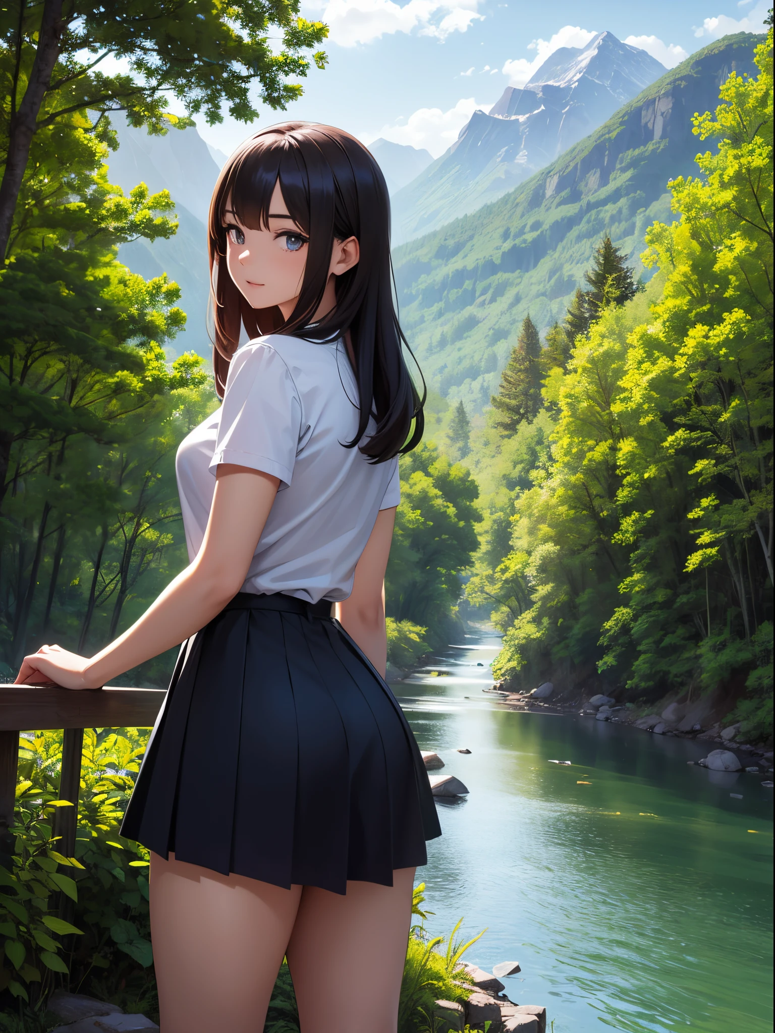High resolution, masutepiece, High quality, High Definition, Focus on the face of one young woman, human figure, Overlooking the large forest from behind, Mountain scenery, forest, Nature, River