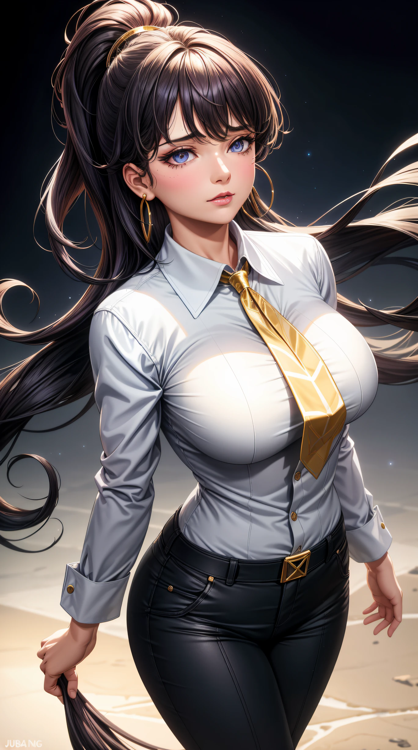 (best quality:1.5, highres, UHD, 4K, detailed lighting, shaders), black wavy haired, gradient hair, large breasts, suit, gray shirt, social shirt, social long pants, mature woman , (pov), white background, colorful eyeshadow, dramatic lighting, sparkling eyes, sensual expression, golden earrings, flowing hair, delicate facial features, soft skin, high cheekbones, urban setting, white background, dont look for the camera, lean forward,