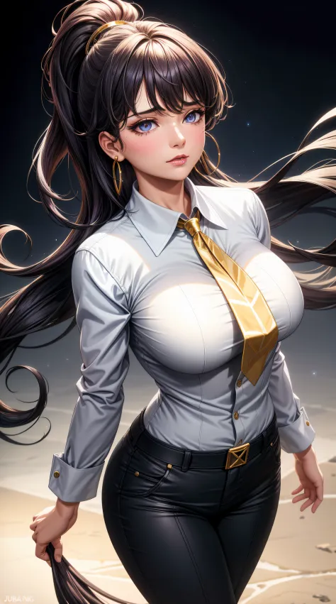 (best quality:1.5, highres, UHD, 4K, detailed lighting, shaders), black wavy haired, gradient hair, large breasts, suit, gray sh...