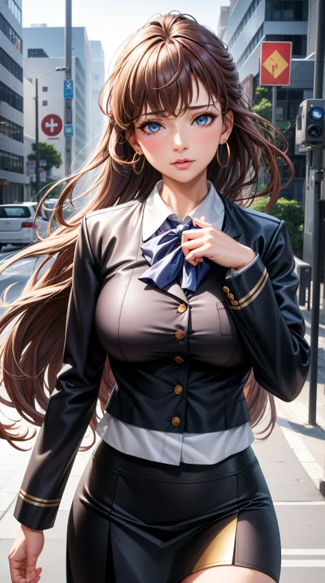 (best quality:1.5, highres, UHD, 4K, detailed lighting, shaders), brown wavy haired, gradient hair, large breasts, suit, gray sh...