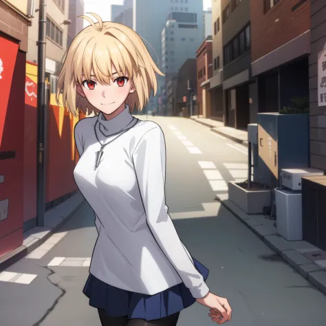 arcueid \(tsukihime\), 1girl, alley, arms behind back, black pantyhose, blue pleated skirt, blush, breasts, building, cowboy sho...