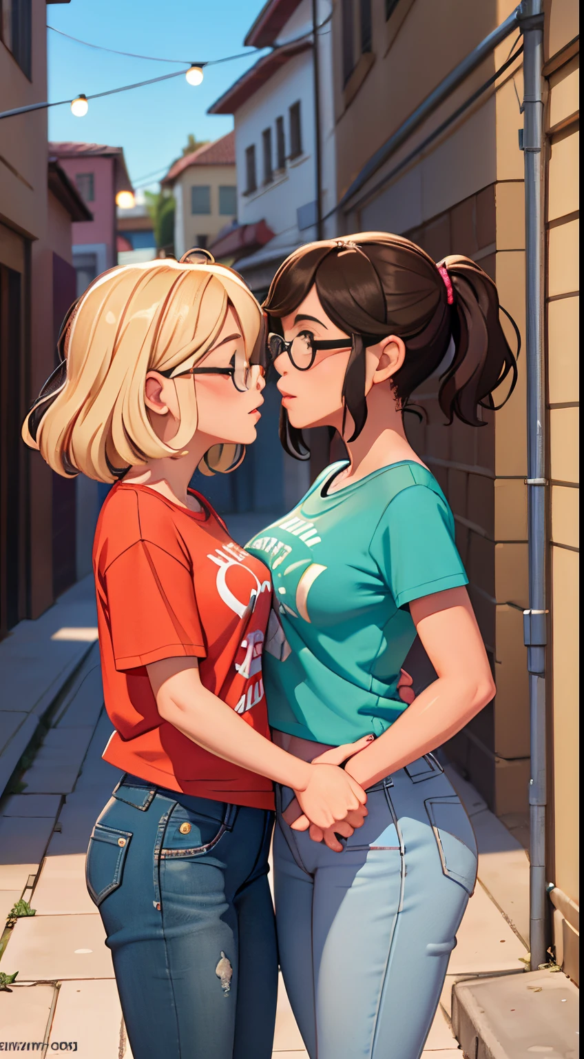 Two women having fun in an alley, playful: 1,2, hentai: 1,2, NSFW: 1,2, little lesbian: 1,2, grabbing the, kissing each other, blushing, wet sleeveless t-shirt, Shorts, glasses, anatomically correct