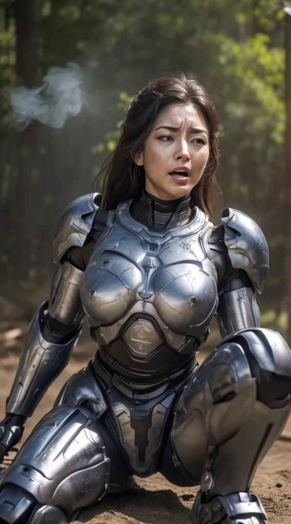((Middle-aged woman))Textured skin, Super Detail, high details, High quality, Best Quality, hight resolution, 1080p, , (lying back on)Beautiful,(War Machine),beautiful cyborg woman,Mecha Cyborg Girl,()((heavily damaged armor)),A woman with a feminine mechanical body、Gentle face　A dark-haired,Fulll body Shot)、、Very sweaty face、groggy expression、laying on back、Turn your face at an angle、Opening Mouth((put out the tongue)、Smoke comes from the whole body((Deep cracks in the armor of the whole body))(Opening legs　The  is visible　Crouching　Water　Chiquita　Long　Red body