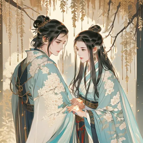 men and women in ancient china，snuggle up to each other，clear face，pretty eyes，hanfu，（the man is handsome）romantic atmosphere，th...