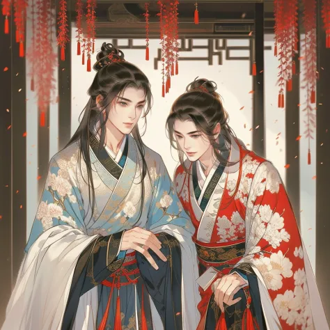 men and men in ancient china，snuggle up to each other，clear face，pretty eyes，hanfu，（the man is handsome）romantic atmosphere，chin...