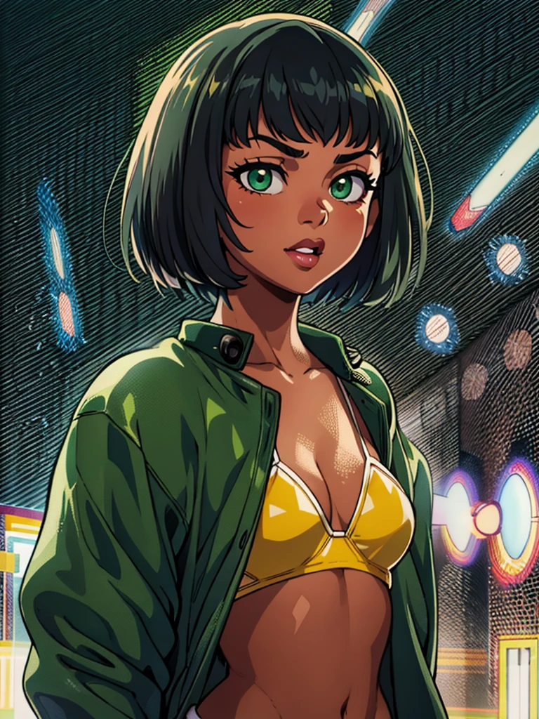 (best quality, masterpiece, illustration:1.1), [[[1girl]]], black teenage girl, flatchest, green eyes, short hair with bang, [[[yellow micro bikini]]] beautiful, highly detailed, 4k, perfect proportions, perfect body, rich quality, hd, ultrahd, perfect hands, perfect generated hands, [[[thin]]], [[[no muscles]]], (((thin!)))