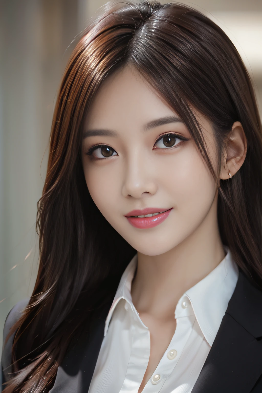 masutepiece, Best Quality, Photorealistic, Ultra-detailed, finely detail, High resolution, 8K Wallpaper, 1 beautiful woman,, light brown messy hair, in a business suit, foco nítido, Perfect dynamic composition, Beautiful detailed eyes, detailed hairs, Detailed realistic skin texture, Smiling, Close-up portrait, Model body type