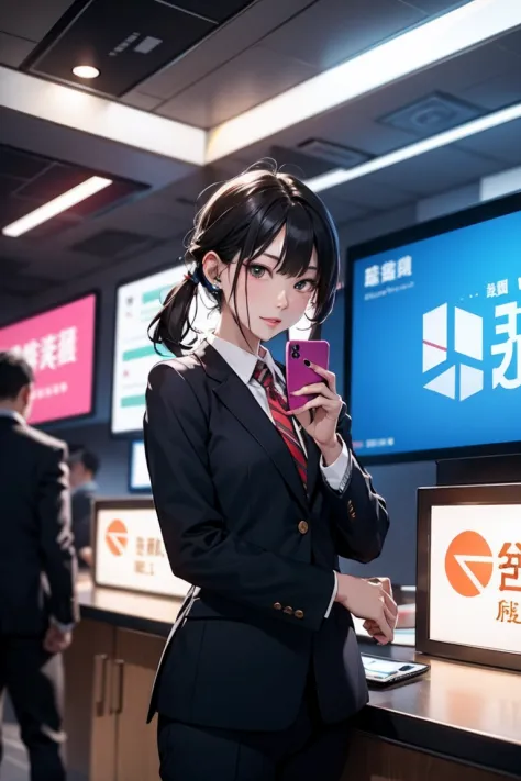 The office district of the near future、Salaryman using a smartphone worn on his arm。Beauty OL,Holograms on your arm from your ph...