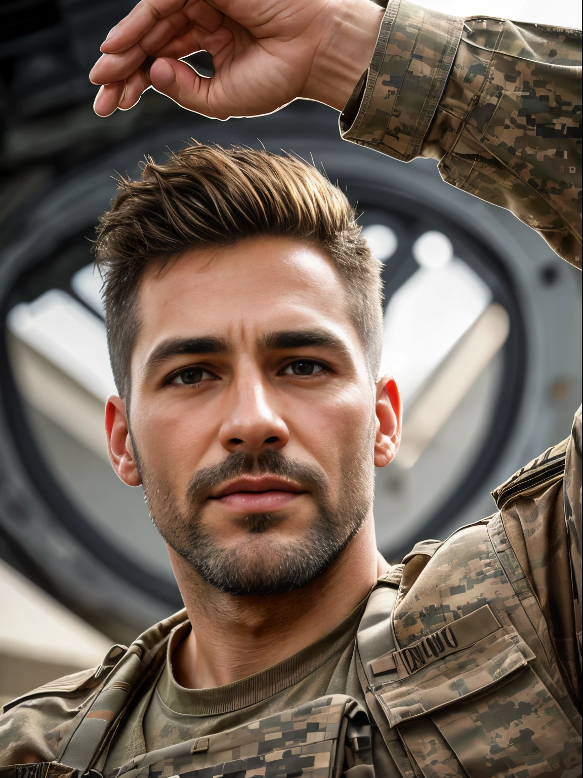 masterpiece, best quality, high resolution, closeup portrait, male focus, solo focus, A man, 45 years old, with military clothes, soldier, blonde bleached hair, messy hairstyle, cute and seductive face, bare chest, body hair, facial hair, roman nose, very skinny body, hairy legs, dimples, beard, bold jawline , in the background a millitary camp and other soldiers,  view from below, amazing composition, front view, HDR, ultra quality, elegant, highly detailed