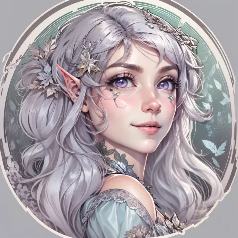 (Sticker),whitebackground,((in a circle)), The woman, round face, rose hair, hairlong, elven hairstyle, lilac eyes, ruddy, Tanne...
