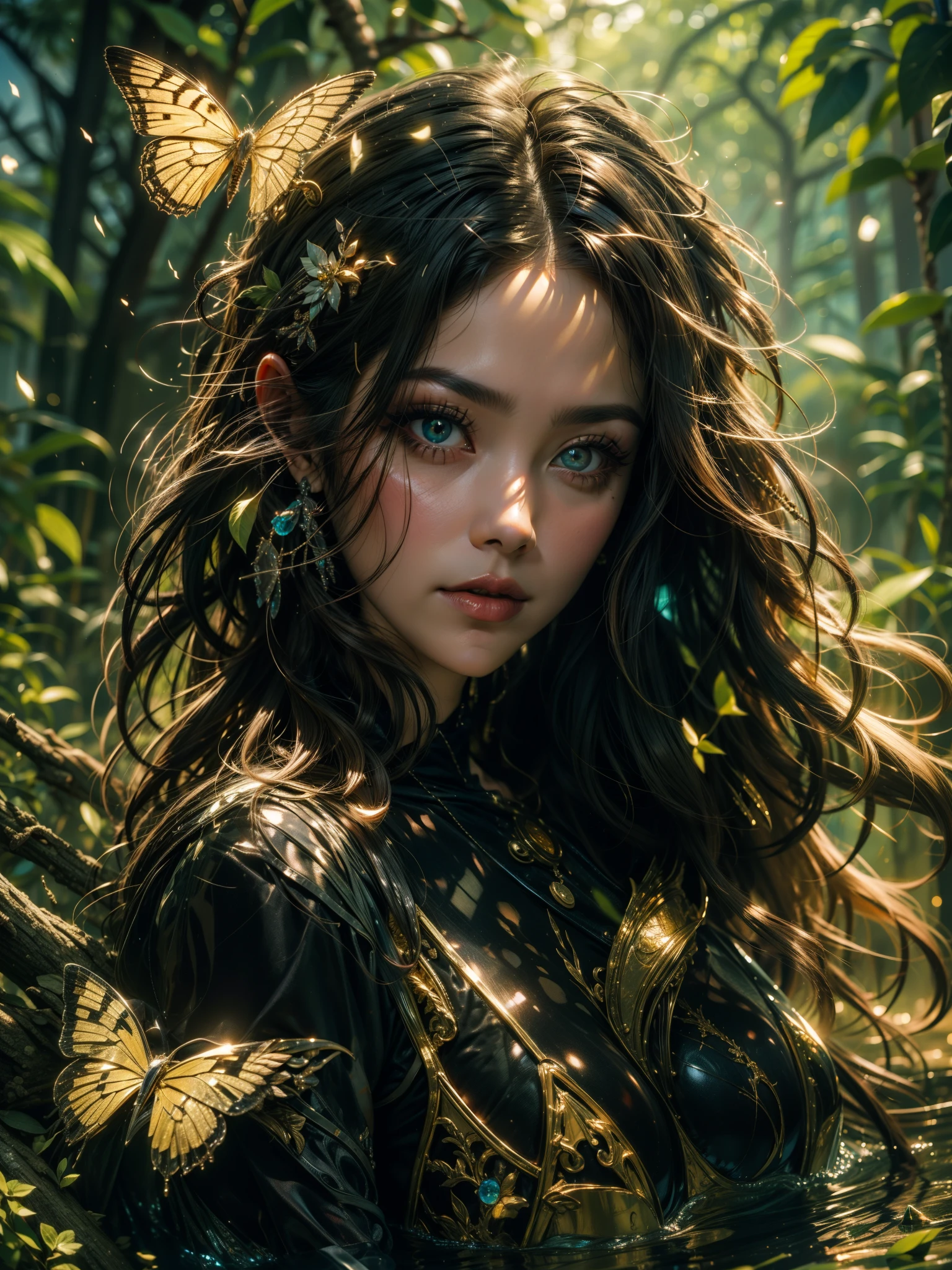 Close-up of the face of a girl with black curly hair, pale skin, rosy lips, yellow  eyes, pretty girl, well-detailed face, pretty detailed eyes, green butterflies,glowing butterflies, elf ears, yellow  eyes, elf ears, elf girl