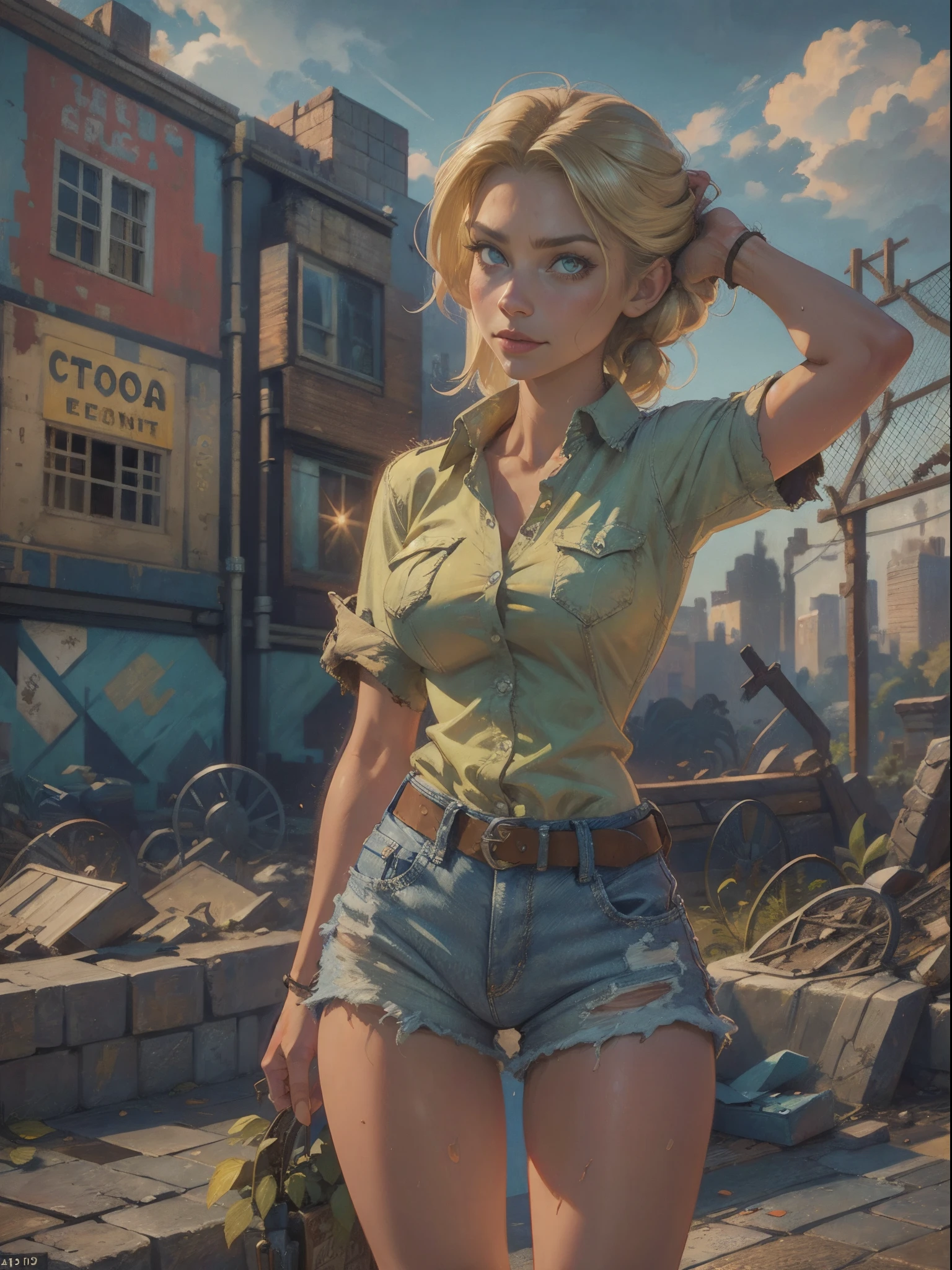 2076 year. The Urban Ruins of the Wasteland, Female huntress picking fruit in the garden, beautiful face, blonde, very torn shirt and denim shorts, shirt in tatters ,  long legs, sweating through, sun rising, Nice warm colors, head to toe full body shot