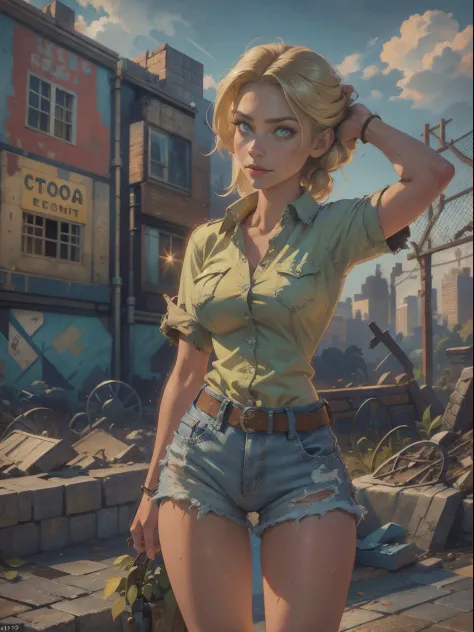 2076 year. The Urban Ruins of the Wasteland, Female huntress picking fruit in the garden, beautiful face, blonde, very torn shir...