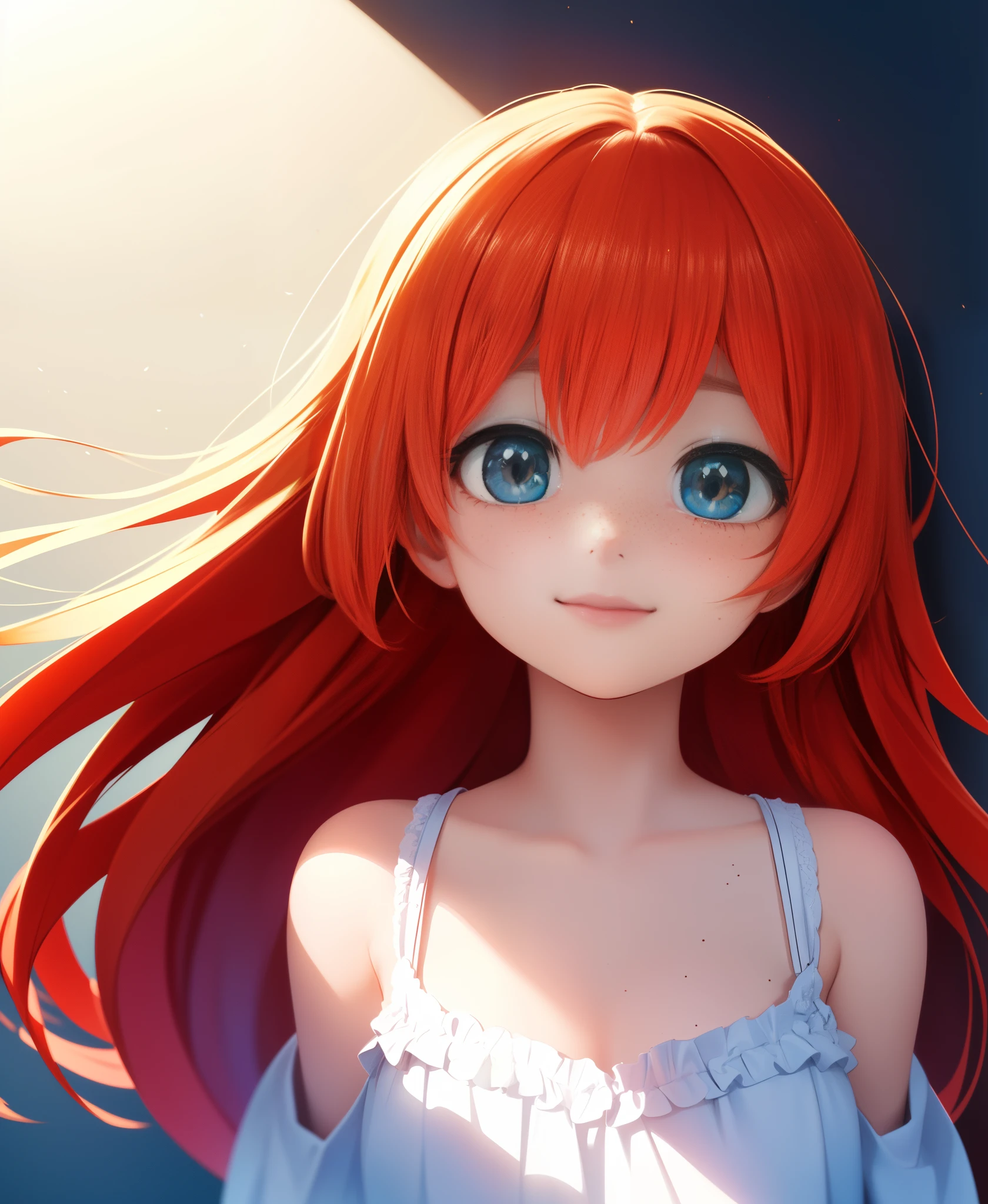 (high-quality, masterpiece:1.2, close portrait, 8k full HD, anime illustration) of a (little girl), (long hair, redhead, pretty face, cute smile, freckles), (half body, dynamic angle, most detailed illustration), (ecstasy of light and shadow, volumetric light and shadows:1.2), (contest winner illustration)