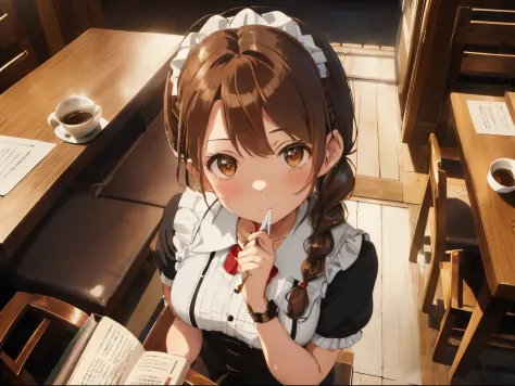 fluffy hair,Brown hair,(pigtails),((Braided shorthair)),Slightly red tide,((Brown eyes)),(A coffee shop with a Showa retro atmos...