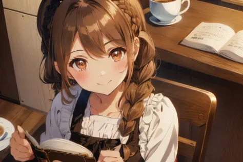 fluffy hair,Brown hair,(downside twin tails),((Braided shorthair)),Slightly red tide,((Brown eyes)),(A coffee shop with a Showa ...