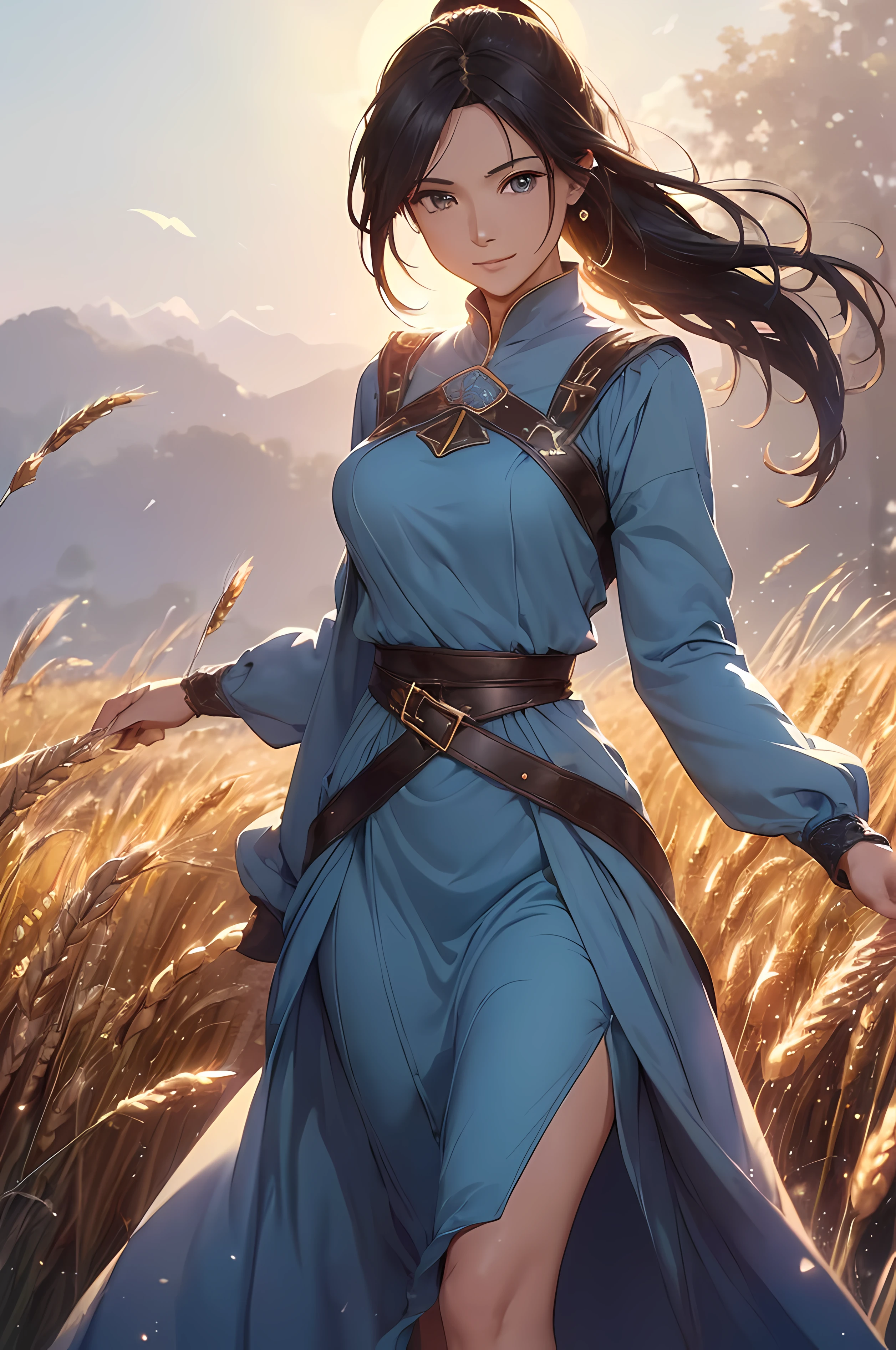 A beautiful woman, (((1 girl, solo, running, (wheat field), turning around, blue eyes, long blue dress, middle ages, medieval outfit, long sleeves sunset, light from behind, shadow on the figure, smile, laughter, (blue sky), against the background of wheat, standing in the distance, looking at the viewer, full-length
, elegance under the sun, movement motion, image look alive))), ((perfect body figure, beautiful face, beautiful face, milf, age 46, royal, blazing black color hair, ponytail hair style, beautiful skin, Extremely details hair, fine details)), (((cinematic lighting, beautiful lighting effect, creative design, full body frame, divine aura, hard harmony , shining light, perfect color transition, perfect balance of contrast, perfect color layer, perfectly smooth color blur, soft rendering, smooth color stroke, moon glare, optic lens, moonlight ray, soft colors, smooth colors blend, perfect color rendering, harmony, perfect color harmony, beautiful color, soft harmony, light particles, perfect details, intricate details, color prism, fine details, refine details, intricate armor details, fine armor, smooth clothes texture))), Tachibana Omina art style, affectionate eyes, half a smile, slightly open mouth, a gentle expression on his face, serene scenery of grassland under the sun, grass floating around, calm, breeze and sunlight in the background, butterflies in the sky, realism, ((Best quality))),8k,((Masterpiece)),(Extremely refined and beautiful)